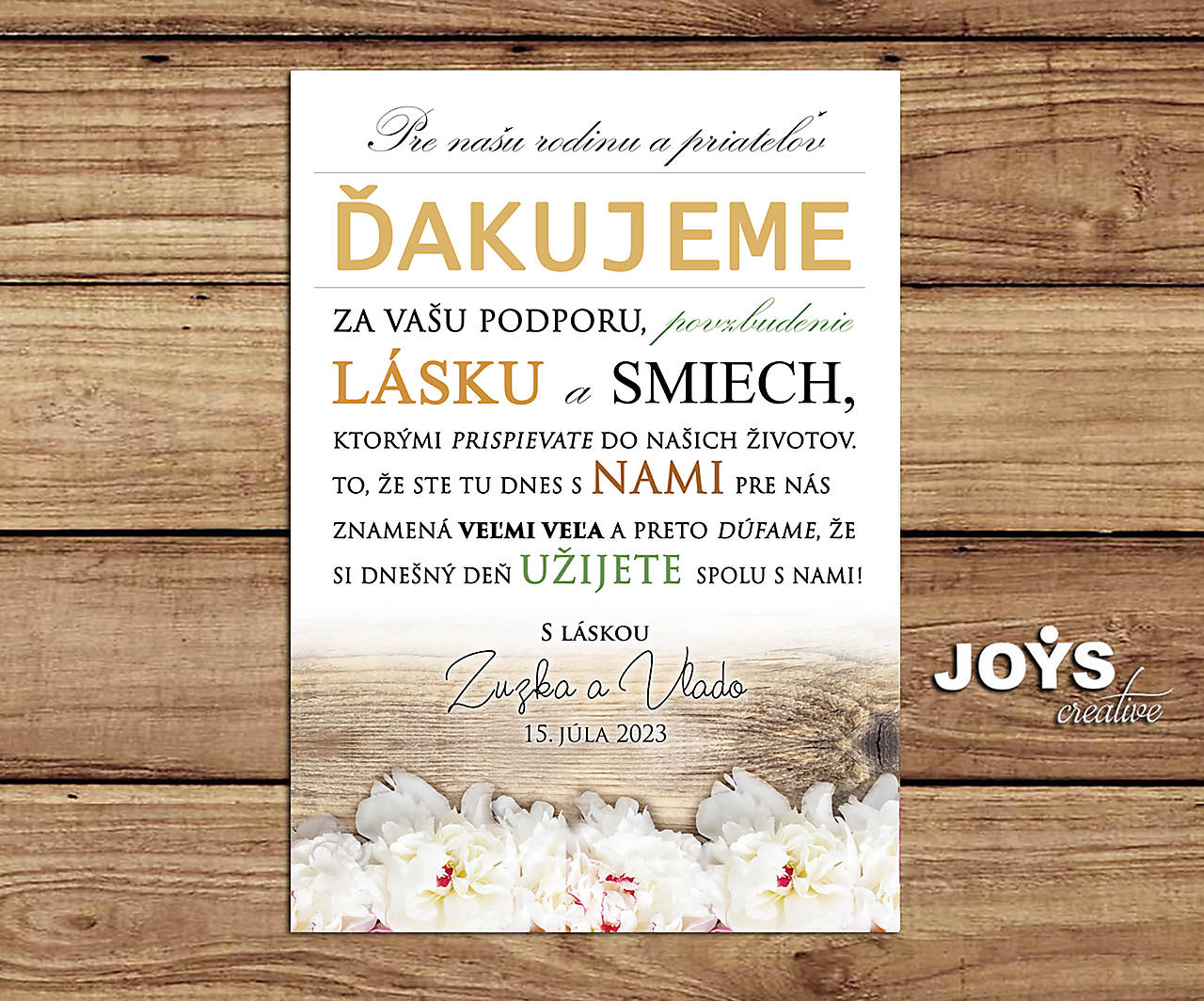 Svadobný plagát ďakujeme (biele pivónie)