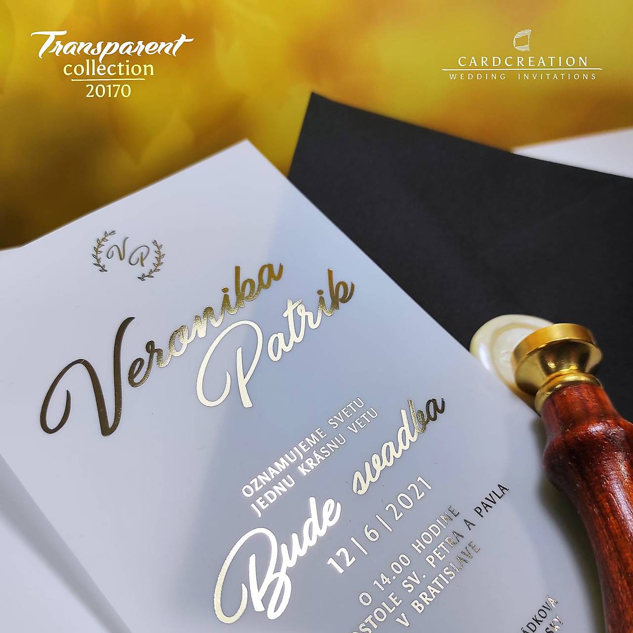 Transparentné svadobné oznámenie I20170 - zlaté