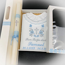 Detské oblečenie - Košieľka na krst k14 modrá šedá v darčekovom balení a sviečka na krst s krížikom - 15481760_