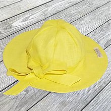 Detské čiapky - Detský ľanový klobúk yellow s mašľou - 15483507_