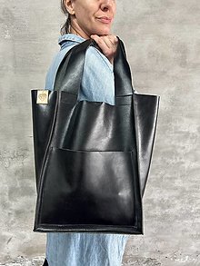 Veľké tašky - ČIERNA kožená shopper kabelka - 15484325_
