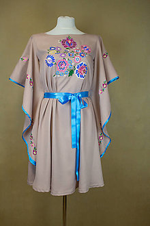 Šaty - Vyšívané šaty z Pliešoviec – Béžové s motýlími rukávmi - 15483063_