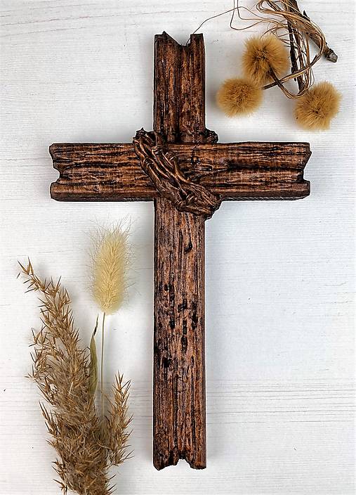 Dekorácie - Kríž tŕňová koruna II. (odtieň palisander) - 15487272_