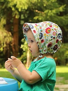 Detské čiapky - Letný detský ľanový čepček folkové kvety - 15492330_