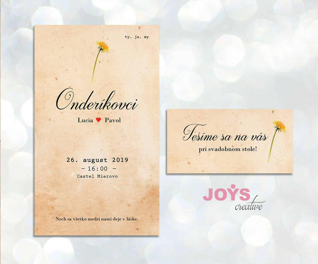 Jednoduché svadobné oznámenie s púpavou