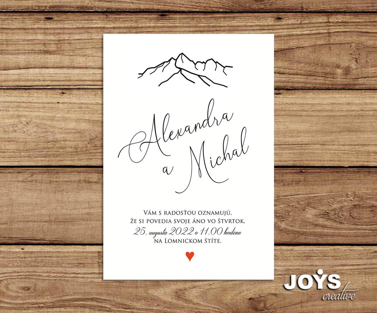 Jednoduché svadobné oznámenie s Tatrami, horami (Dizajn č.3)