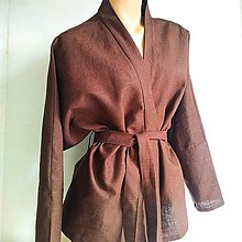 Kimoná - Ľanový kabátik kimonového vzhľadu "dark brown" - 15490410_