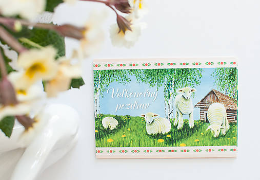 Papier - Pohľadnica "Veselú Veľkú noc" ovečky - 15492547_