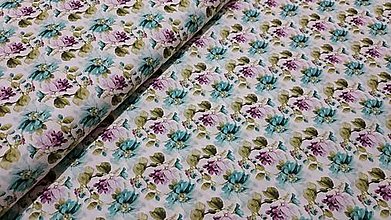 Textil - Bavlnená látka s kvetmi (Mint a fialovè kvety) - 15497708_