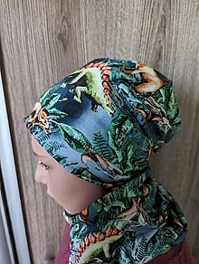 Detské čiapky - set čiapka + nákrčník dinosaury na tykrysovej - 15507585_