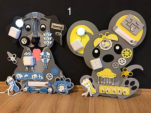 Hračky - Montessori tabuľa activity board MYŠ (sivo zlta variant 1) - 15511671_