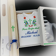 Detské oblečenie - Košieľka na krst k14 modrá červená zelená v darčekovom balení a sviečka na krst zelená krížik - 15513426_