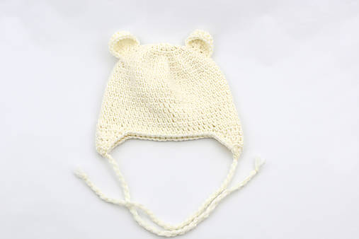 Detské čiapky - Krémová ušianka macko MERINO - 15516183_
