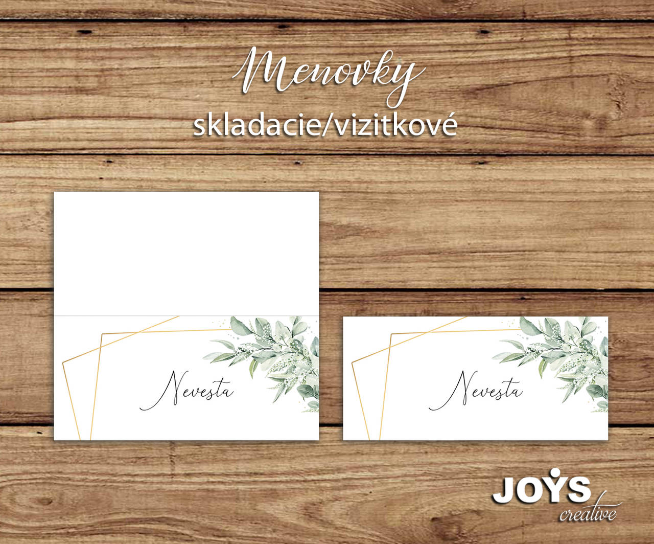 Menovky v štýle greenery s listami s geometrickým vzorom