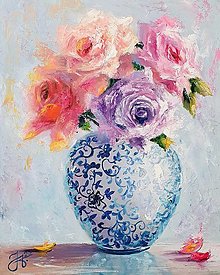 Obrazy - Obraz "Ruže v maľovanej váze"-olejomaľba, 24x30 cm - 15520932_