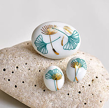 Sady šperkov - Ginkgo porcelánová brož + náušnice - 15530237_