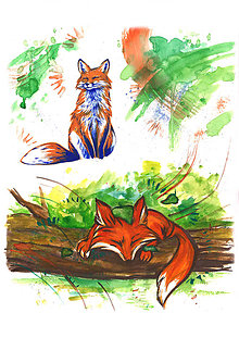 Grafika - Líšky Akvarel - art print - tlač A4 - 15532553_