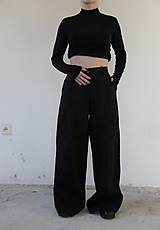 Nohavice - IVANA ľanové široké nohavice s vysokým pásom BLACK - 15548642_