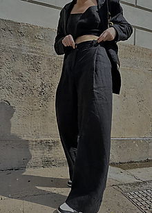 Nohavice - IVANA ľanové široké nohavice s vysokým pásom BLACK - 15548635_