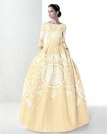 Šaty - FLORAL FOLK " Slovenská ornamentika ", spoločenské dlhé šaty (Šampaň, svadobné šaty na želanie s upravenou grafikou) - 15549864_