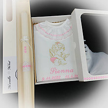 Detské oblečenie - Košieľka na krst k34 ružovo-zlatá v darčekovej krabičke + krstová sviečka ružové kvietky - 15550337_
