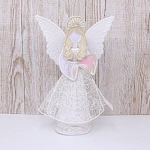 Dekorácie - Vyšívaný 3D anjelik so srdiečkom (malý zlato biely s ružovým srdiečkom) - 15556526_