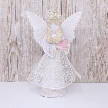 Dekorácie - Vyšívaný 3D anjelik so srdiečkom (veľký zlato biely s ružovým srdiečkom) - 15556529_
