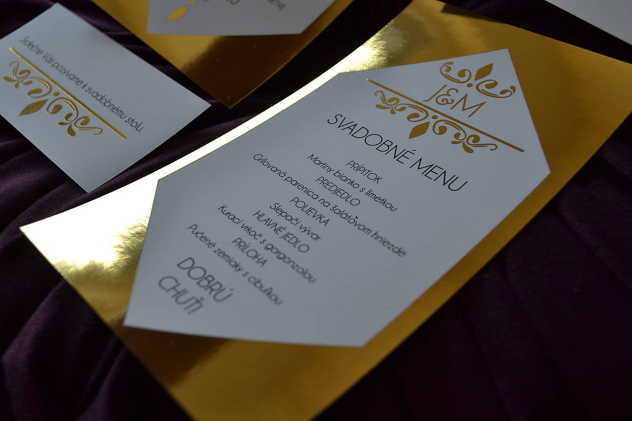 Svadobné oznámenie transparentné zlátené (menu)