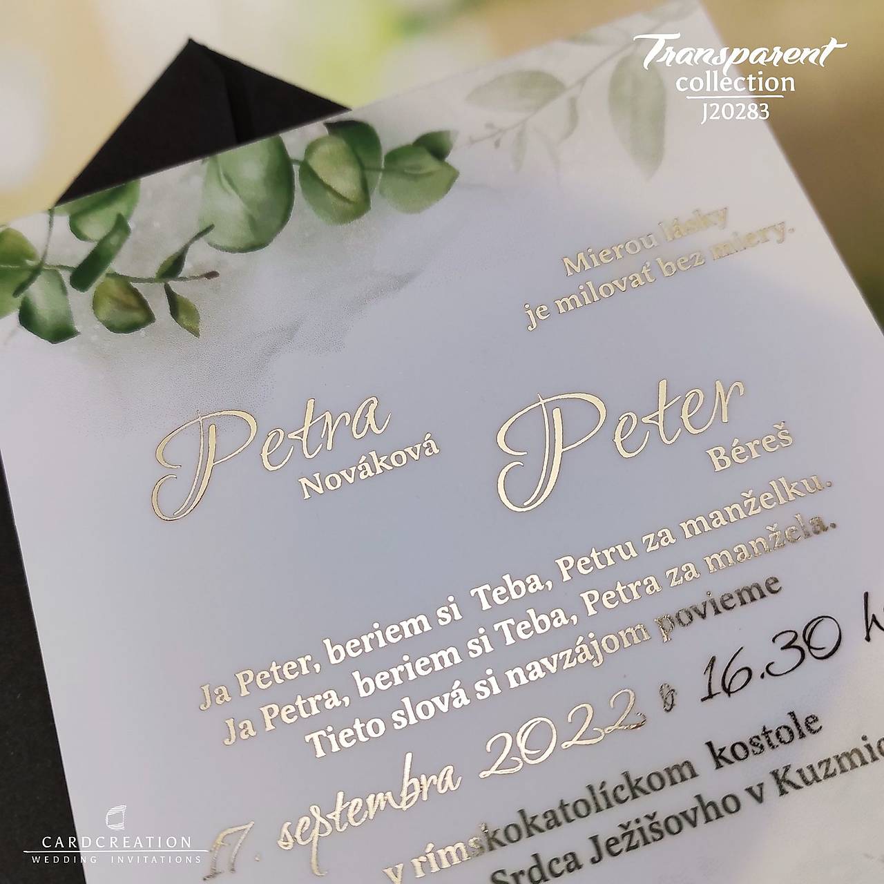 Transparentné svadobné oznámenie J20283 - zlaté