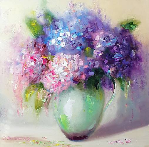 Obrazy - Obraz "Hortenzie - olejomaľba na plátne, 50x50 cm - 15554865_