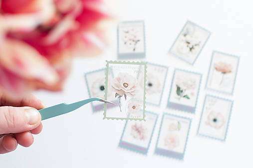 Papier - Botanické poštovné známky - nálepky, set (Light Blue) - 15557825_