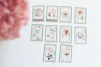 Papier - Botanické poštovné známky - nálepky, set (Light Green) - 15557828_