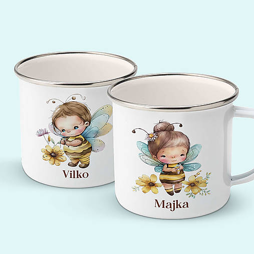Nádoby - VČIELKY double set smaltovaných hrnčekov pre súrodencov s ľubovoľným menom - 15557591_
