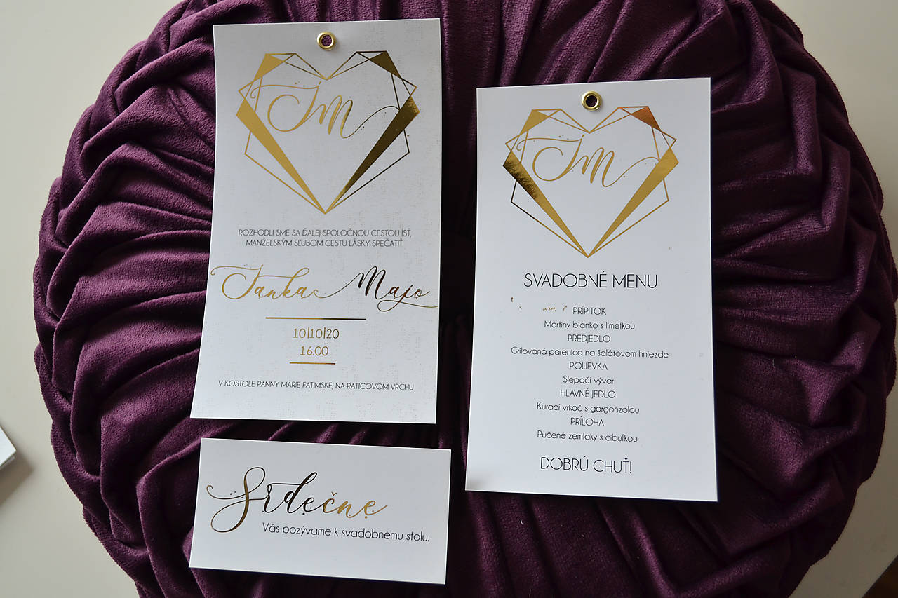 Svadobné oznámenie zlátené srdiečko s nitom