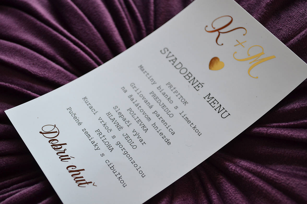 Svadobné oznámenie zlátené kalendár s nitom (svadobné menu)