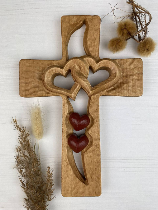 Dekorácie - Kríž ♥ SPOLU s LÁSKOU II. ♥ dve srdcia (výška 25 cm) - 15563778_