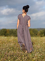 Šaty - Lněné maxišaty tmavě šedofialové s vázáním - 15564657_