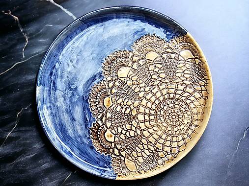 Nádoby - Tanier Čipka béžovo-modrá 25cm - 15570783_