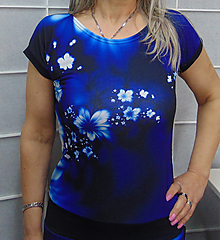 Topy, tričká, tielka - Tričko modré květy XS - XXXL - 15572944_