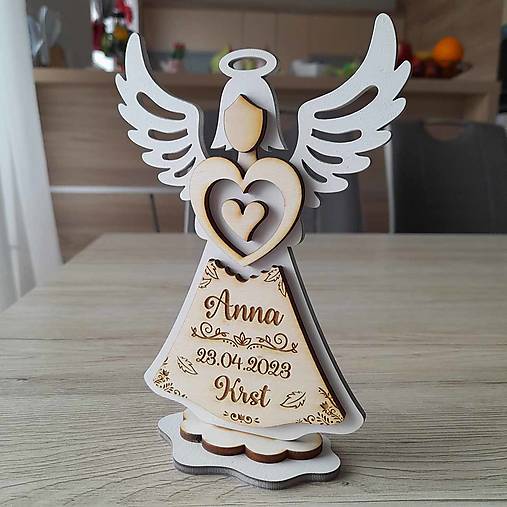 Anjel na krstiny, originálny drevený darček (Drevo-Biela 13x19cm)