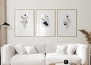 Grafika - Set 3 obrazov na stenu - Modré a fialové kvety - 15571616_