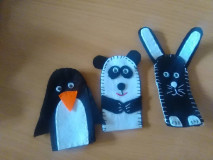čiernobiele kontrastné bábky-tučniak, panda, zajačik ,- prstové bábky, maňušky