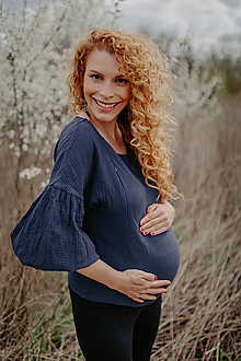 Oblečenie na dojčenie - Mušelínová blúzka na dojčenie s PUFF rukávom - tmavomodrá - 15579864_