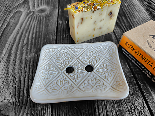 Nádoby - Mydlovnička Dlaždičky tulipány biela - 15582741_
