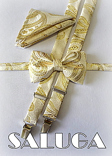 Pánske doplnky - Pánsky zlatý vzorovaný set - motýlik a traky + vreckovka - svadobný - 15583095_