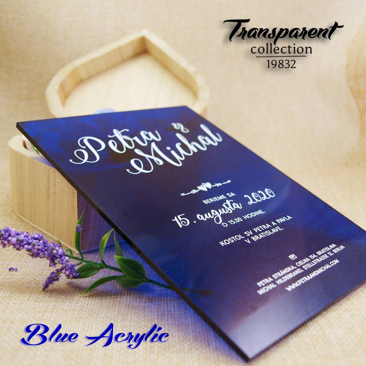 Svadobné oznámenia na modrom neohybnom akryle 19832