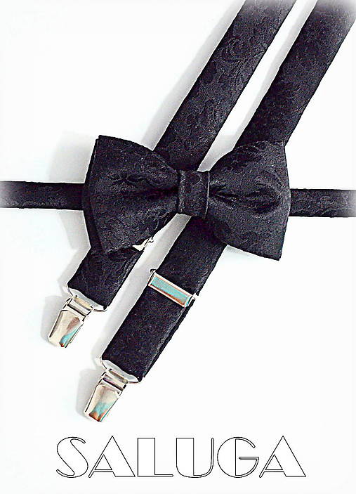 Pánske doplnky - Čierny vzorovaný motýlik + traky - set - 15586505_