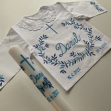 Detské oblečenie - Krstná maľovaná košieľka + svieca v (modrých odtieňoch + strieborná s krížikom) - 15588887_