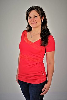 Oblečenie na dojčenie - M vel., SLEVA-  Kojící tričko BAVLNA, krátký rukáv, šikmá krajka - 15591055_