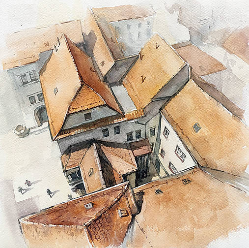Obrazy - Originálna akvarelová maľba "Strechy starého mesta" - 15592430_
